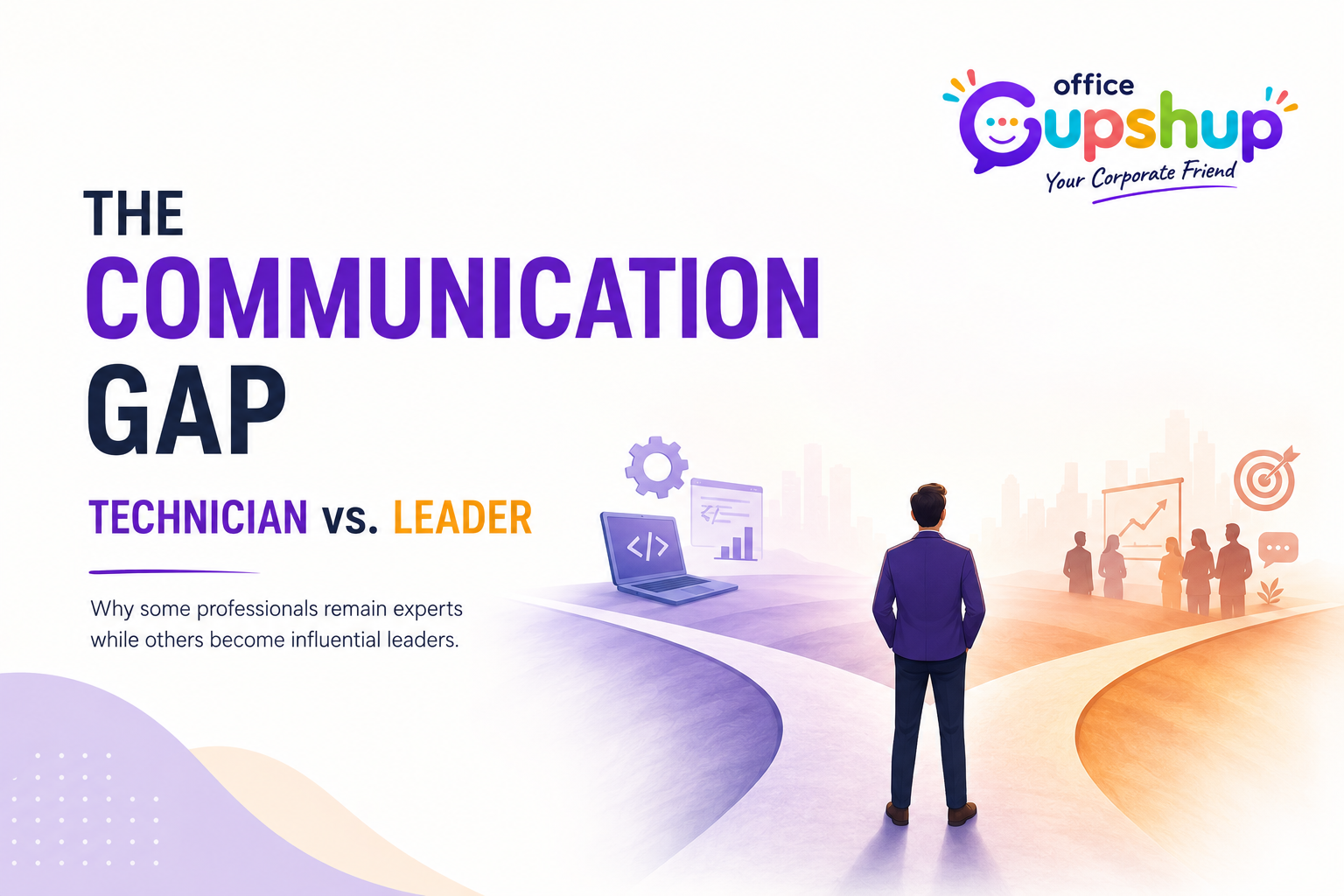 Professional standing at a crossroads between technical expertise and leadership, illustrating the communication gap that shapes career growth.