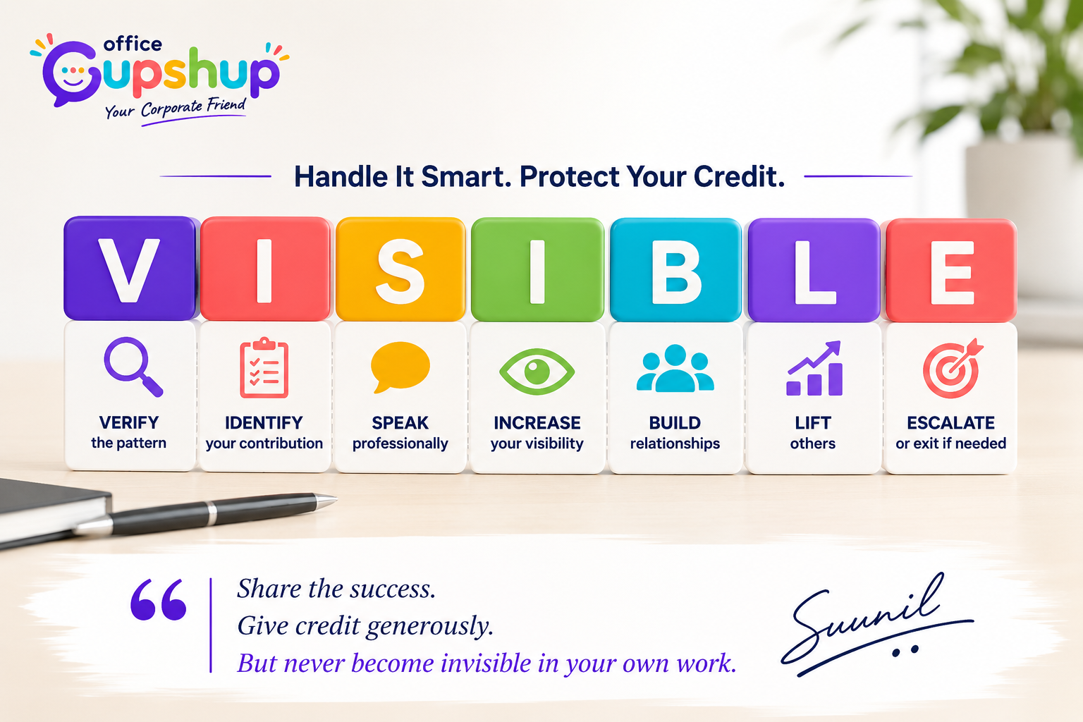 Office Gupshup VISIBLE framework showing how to professionally handle a boss who takes credit for your work.