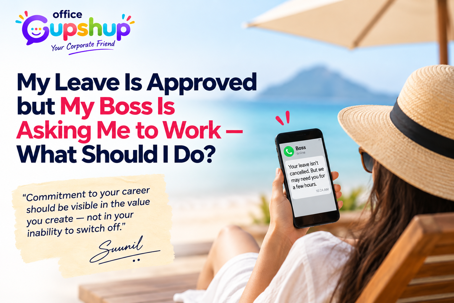 Boss asking an employee to work during approved leave – Office Gupshup guide on handling workplace boundaries professionally.