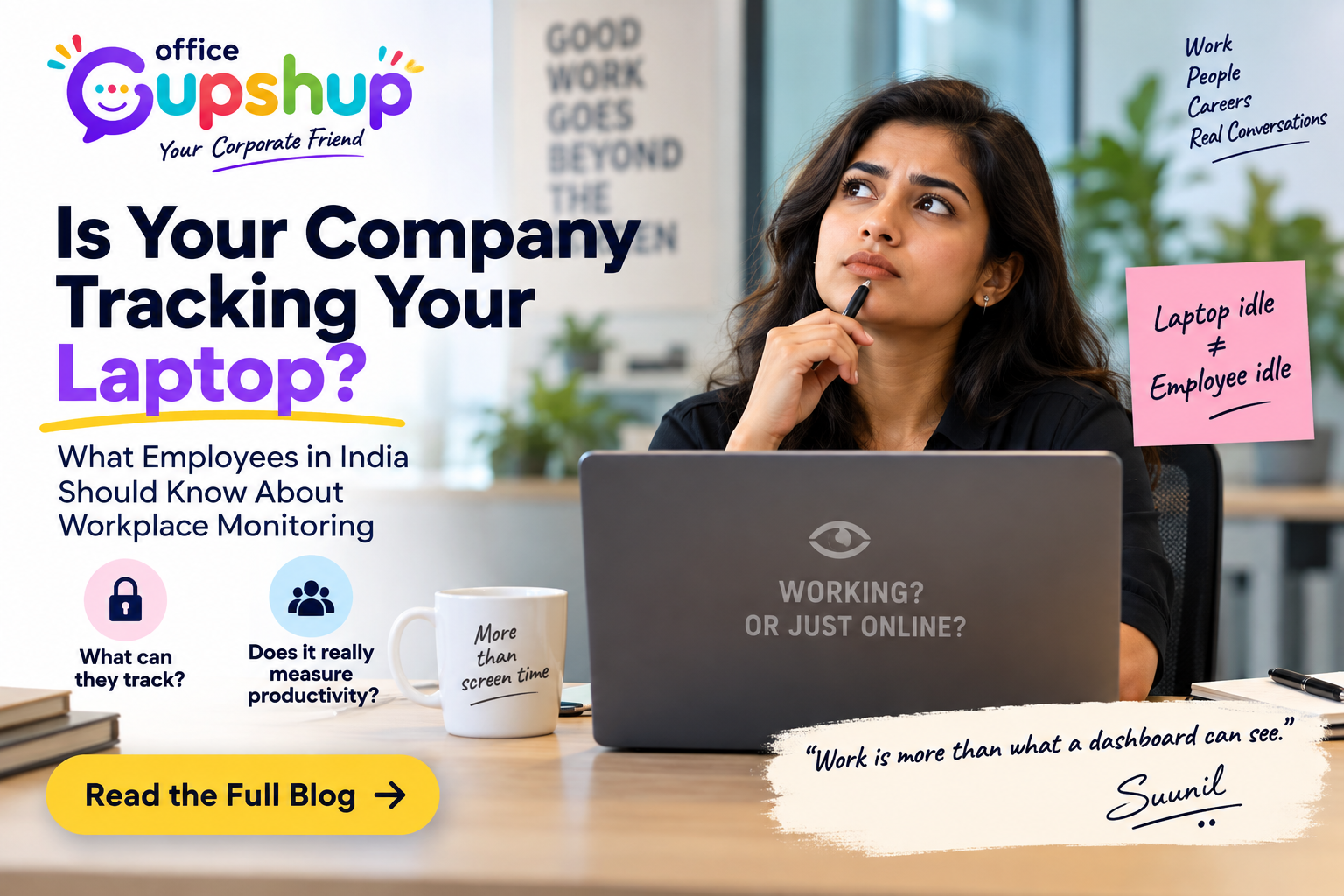 Office Gupshup illustration about employee monitoring in India asking whether companies track work laptops and whether laptop activity truly measures productivity.